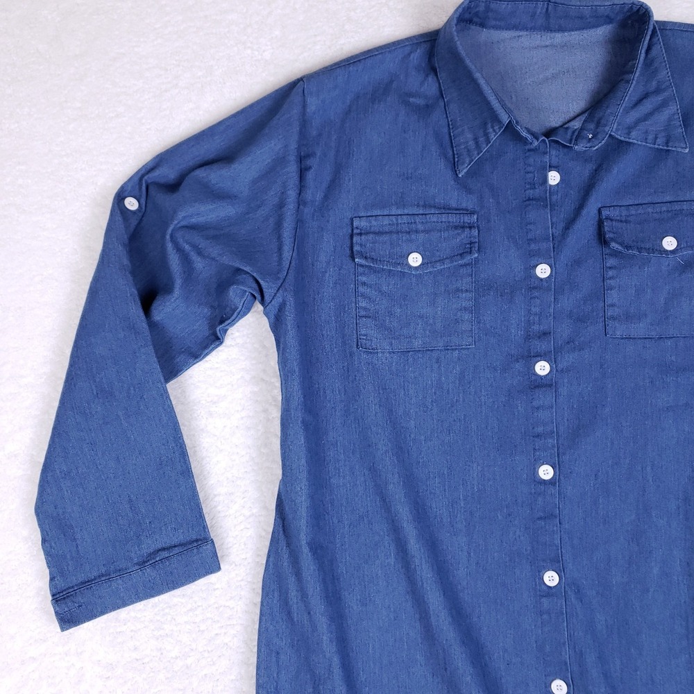 Blue Chambray Button Down Shirt Dress High Low Hem Long Sleeve Size 15 - Picture 3 of 7